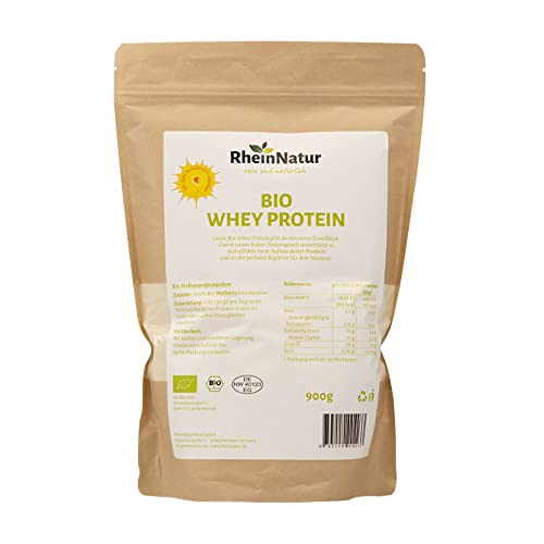 RheinNatur Bio Whey Protein-Pulver 900 g - Geschmacksneutrales Eiweißpulver ohne Zusatzstoffe ohne Soja - 100 % reines Bio Molke-Protein für Proteinshakes