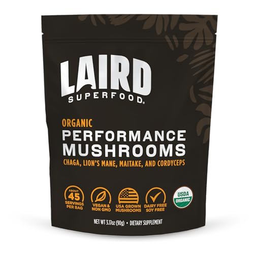 Laird Superfood Organic Performance Mushroom Blend with Chaga Cordyceps Lion s Mane and Maitake for Energy and Cognition 3.17 oz. Bag Pack of 1