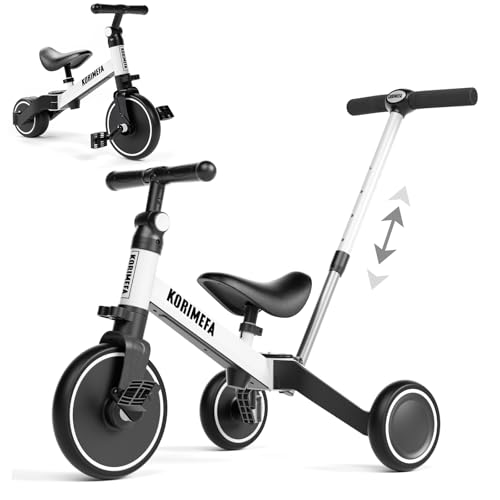 KORIMEFA 4 in 1 Kinder Laufrad Dreirad Kinderdreirad Laufräder Lauffahrrad mit höhenverstellbarer Schubstange PU-Sitz Lauflernrad Abnehmbarer Pedale Weiß mit Schubstange