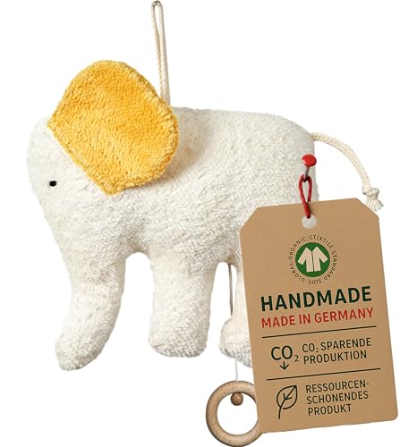Efie Bio-Spieluhr Elefant handgefertigt in Deutschland 100 % Baumwolle kbA Füllung Schurwolle kbT GOTS-zertifiziert - nachhaltiges Babyspielzeug - Melodie LaLeLu