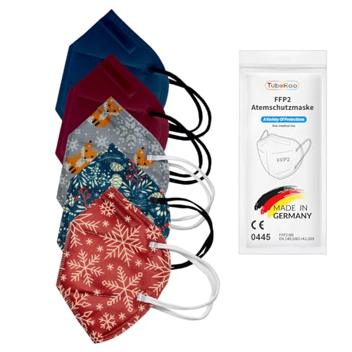TubeRoo FFP2 Maske Set Winter 5 Farben Muster Motiv Dunkelblau Bordeaux Hellgrau Rot 5 Stück Masken aus Deutschland Made in Germany weiche runde Ohrschlaufen Bänder Atemschutzmaske Mundschutz
