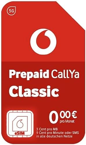 Vodafone Prepaid CallYa Classic Karte ohne Vertrag eSIM I 5G Netz 9 Ct. pro Min oder SMS in alle dt. Netze die EU I 3 Ct. pro MB I 10 Euro Startguthaben