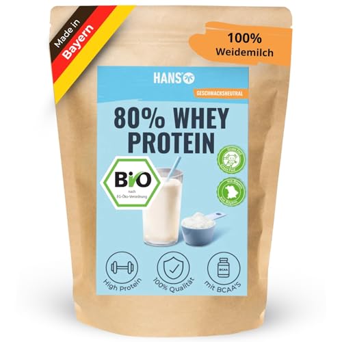 HANS Brainfood 80% Bio Whey Protein Pulver Neutral 1kg von Kühen aus Bayern ohne Zucker - Eiweißpulver Whey Eiweiss Protein Pulver - 100% reines Bio Molke-Protein