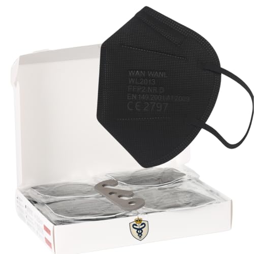 SS-Medical 50 Stück FFP2 Maske Schwarz 5-lagige 99 5% Filterleistung Atemschutzmaske Staubschutzmaske EN149 2001 A1 2009 EU2016 425 Masken Geruchsneutral Einzeln Verpackte Mundschutzmasken