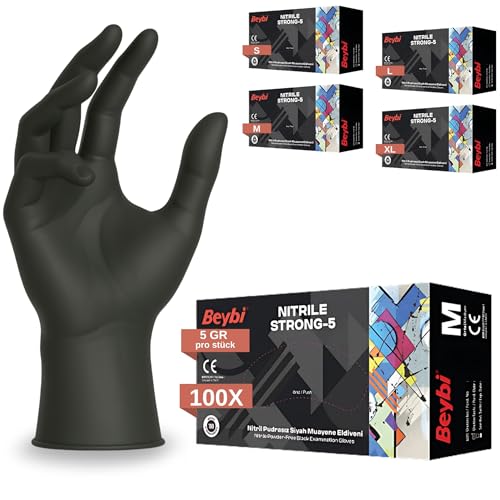 BEYB Strong-5 Einweghandschuhe 100 St. Box %200 Dicker Blau Nitrilhandschuhe L puderfreie latexfreie Einmalhandschuhe Handschuhe Schwarz M