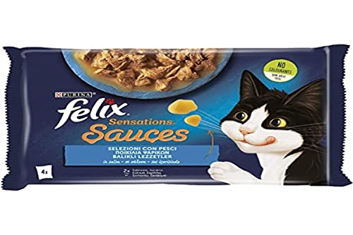 Purina Felix Sensations Sauces Nassfutter für Katzen mit Lachs in Garnelensauce und mit Sardinen in Sauce mit Karotten 4 Beutel 85 g