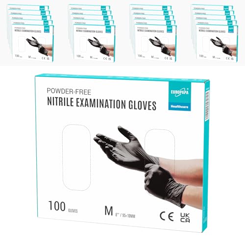 EUROPAPA 2000 Stück 20x100 Nitrilhandschuhe Box Einweghandschuhe Einmalhandschuhe Untersuchungshandschuhe puderfrei ohne Latex unsteril latexfrei disposible gloves M Schwarz