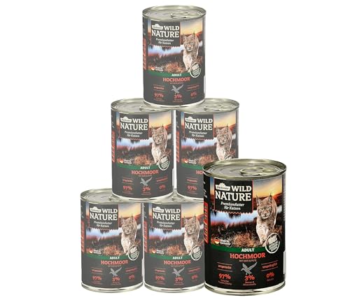Dehner Wild Nature Katzenfutter Hochmoor Nassfutter getreidefrei für ausgewachsene Katzen Ente Pute 6 x 400 g Dose 2.4 kg