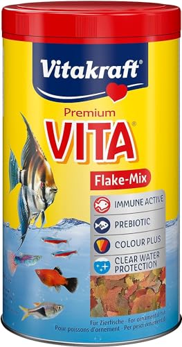 Vitakraft Flake-Mix Fischfutter Aquarium mit Garnelen und Spirulina für alle Zierfische 1x 1l