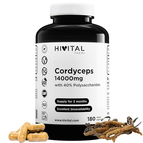 Cordyceps 14000 mg. 180 vegane Kapseln für 3 Monate Kur. Mit 40% Polysacchariden. Natürlicher Cordyceps-Pilzextrakt. Hergestellt von HIVITAL