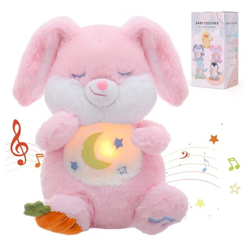 Edencomer Schlummer Kuscheltier - Schlummer Kaninchen mit simuliertem Atem Musik und Nachtlicht Kuscheltier mit Atembewegung Begleiten Sie Kinder Zum Schlafen Rosa Kaninchen