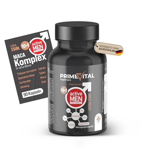 Maca Kapseln hochdosiert I Männer Testosteron I Active Men I Maca mit Tribulus terrestris Cordyceps Bockshornklee Zink Ginseng Safran Selen - 90 Kps.