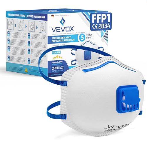VEVOX FFP1 Maske mit Ventil 5er 10er 20er Set Staubmaske Atemschutzmaske Staubschutzmaske Feinstaubmaske Atemschutz z.B. gegen Feinstaub Schleifstaub Baustaub