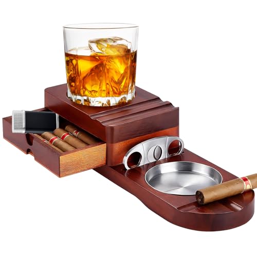Holz Zigarren Aschenbecher Whiskey Untersetzer - zigarren zubehör für männer Whiskey geschenkset mit abnehmbarer aschenbecher Schublade Zigarrenschneider und zigarrenhalter für Zuhause Büro oder Bar