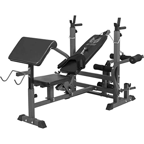 GYRONETICS Multifunktion Hantelbank - mit Langhantel-Ablage Curlpult und Butterfly Dip-Station Beincurler Verstellbar 165x139x128 cm Stahl - Trainingsbank Kraftstation Bankdrücken Schrägbank