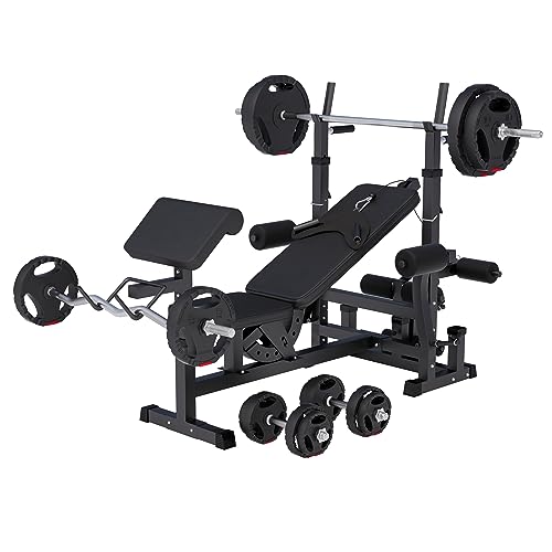 GORILLA SPORTS Multifunktion Hantelbank - mit Hantelset 100kg Hantelablage Latzug Dip-Station Butterfly Curlpult Beincurler Verstellbar Schwarz Weiß - Kraftstation Trainingsbank