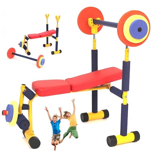 DONGSHUAI Fitness-Trainingsgeräte Für Kinder Verstellbares Langhantel-Spielzeugset Hantelbank Und Beinpresse Für Anfängerübungen Übungen Für Jungen Und Mädchen Im Alter Von 3 12 Jahren