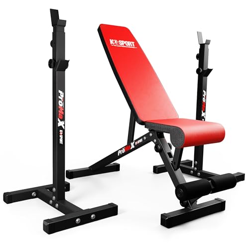 K-Sport Trainingsset Langhantelablage bis 180kg mit verstellbarer Hantelbank I Squat-Rack für Langhanteltraining I Flachbank mit Beincurler inkl. E-Book