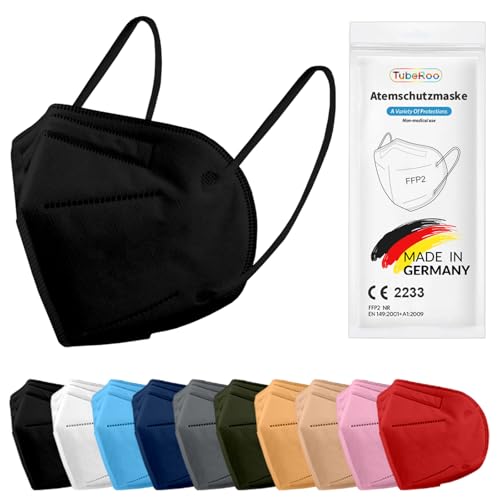 TubeRoo FFP2 Maske schwarz 1 Stück Masken aus Deutschland Made in Germany weiche Ohrschlaufen Atemschutzmaske Mundschutz Schutzmaske Staubmaske Feinstaubmaske