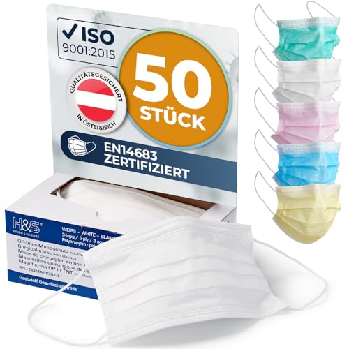 ISC Hygiene Safety OP Vlies Mundschutz Maske 50 Masken mit Elastikband in Komfortlänge 3-lagig 100% PP mit Nasenbügel glasfaserfrei latexfrei 3-lagig weiß