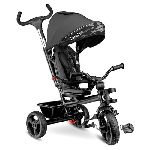 LIONELO Haari 2in1 Dreirad mit Schubstange ab 18 Monate bis 25kg Vorwärts und Rückwärtsfahrt schlauchlose Gummireifen Freilauf geräumiger Korb Tasche Getränkehalter