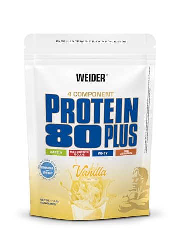 WEIDER 80 Plus Mehrkomponentenßpulver für cremige unverschämt leckereß Shakes Kombination aus Casein Milchprotein Isolat Ei Vanille 500g