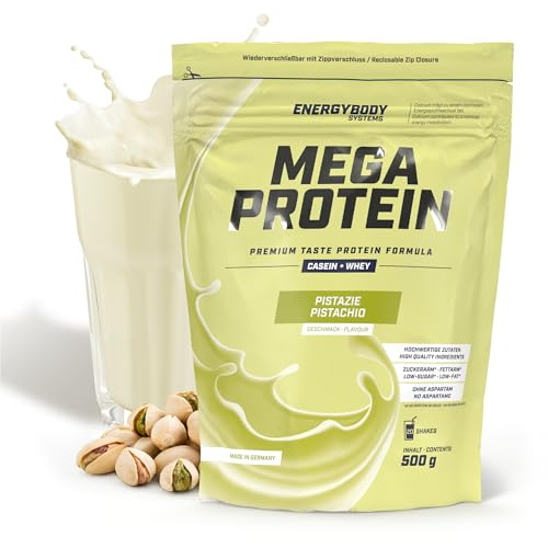 Energybody Mega Protein Pistazie 500 g Mehrkomponenten Protein Pulver mit Casein Whey Mix als Eiweiss Protein Pulver Eiweiß Shake ohne Aspartam Eiweißpulver 20 Portionen