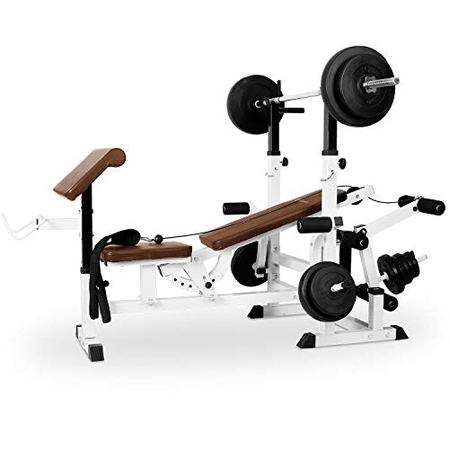 Klarfit Workout Hero 3000 Hantelbank Power Station mit Schräg- und Flachbank Hantelbank mit Gewichten Fitnessgeräte für Zuhause Home-Gym Kraftstation mit Langhantel Beinpresse 280 kg Belastung