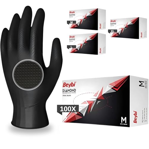 BEYB Einweghandschuhe Diamant Grip 100 St Box Schwarz Orange Einmalhandschuhe Extra Stark Nitrilhandschuhe Gr. XL 3x Dicker Handschuhe Einweg M L XL Schwarz L