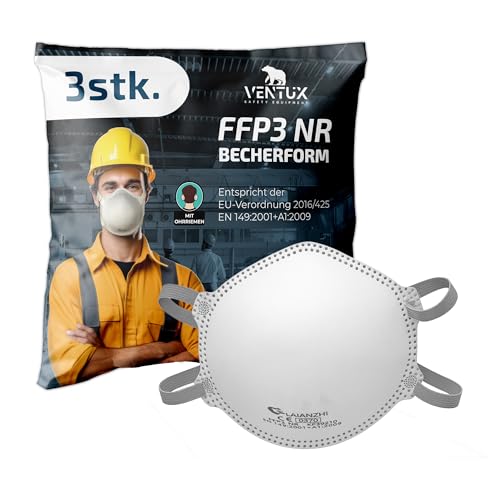 VENTUX SAFETY EQUIPMENT VENUX FFP3 NR Atemschutzmasken - Hochwirksame Schutzmaske mit Nasenclip und Ohrschlaufen - 5-lagige Einweg-Atemschutzmasken - Packung mit 3 Stück