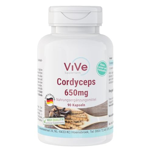 Cordyceps 650 mg - 90 Kapseln - vegan - Pilzpulver aus dem Mycel - Vitalpilz Qualität aus Deutschland von ViVe Supplements