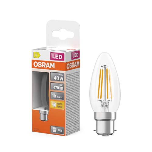 Osram LED-Lampe Star Kerzenform B40 Filament 2700 K warmweiß 3 4 W B22d klar 470 lm 15.000h für Kronleuchter dekorative Einbauten