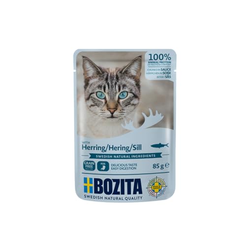 Bozita Pouch Nassfutter Häppchen in Sauce mit Hering - 12x85g Portionsbeutel getreidefreies weizenfreies Futter für Katzen - Katzennassfutter für Adult-Katzen mit 8 5% Protein 4 5% Fettgehalt