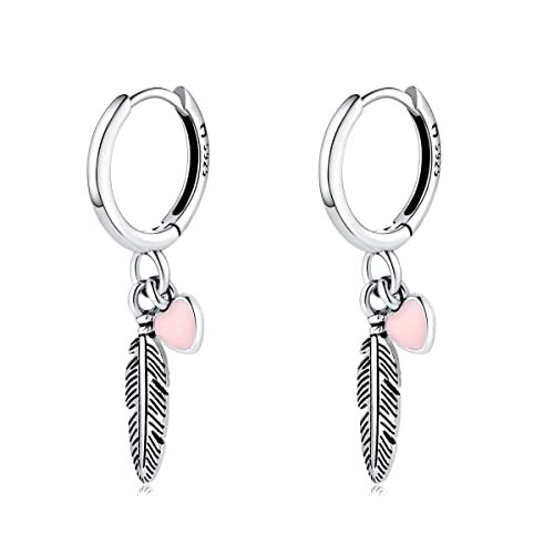 Silber Ohrringe für damen 925 mit einer Feder und einem Mini-Herz. Creolen aus Silber 925 für Damen oder 18K Gold ideal als Geschenk zum Muttertag... Ohrringe mädchen. Schmuck damen Versilberung