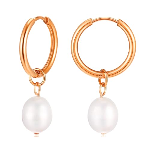 KIM JOHANSON Edelstahl Damen Perlenohrringe Malia in Ros echten Boho Schmuck für Frauen Wasserfeste hängend Multi Layer Kreolen Inkl. Schmuckbeutel