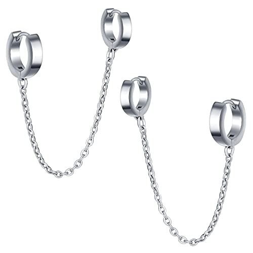 feilok Edelstahl Damen Herren Creolen Ohrringe Herren Ohrschmuck Ohrringe Männer Creolen Ring Ohrstecker Rund mit Kette silber Doppelohrring