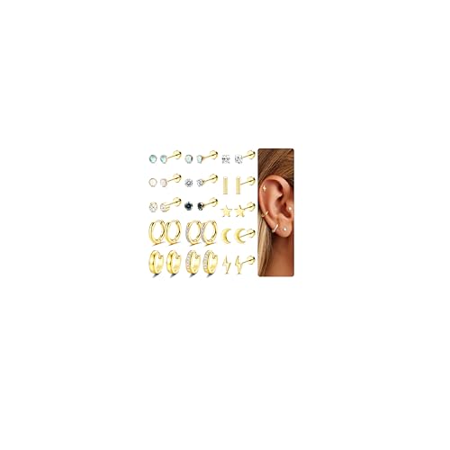 MILACOLATO 15Paar Ohrknorpel Ohrringe Chirurgenstahl Für Damen Herren 20G Ohrstecker Kleine CZ Creolen Huggie Ohrringe Set Tragus Helix Ohr Piercing Schmuck Gold