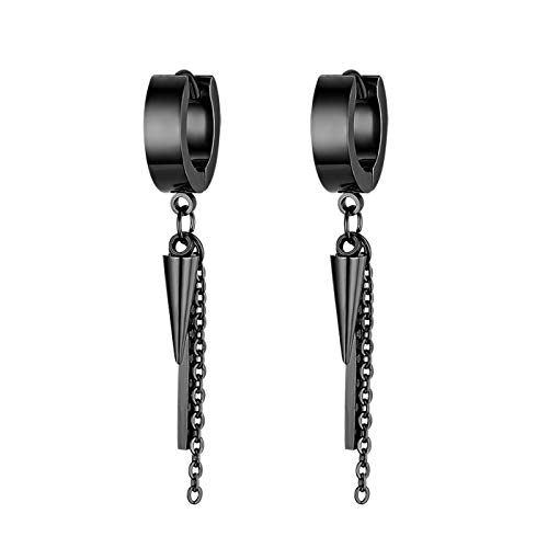 JewelryWe Schmuck Herren Ohrringe Creolen mit Ahle Taper Spitze Kette und Quader Anhänger Edelstahl Ohr Manschette Ohrstecker Ohrhänger Ohrpiercings für Männer Frauen Schwarz