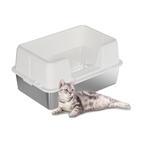 Große Edelstahl Katzentoilette Mit Deckel Halbgeschlossen Auslaufsicher Antihaftbeschichtung Mit Anti-Rutsch-Matte Streuschaufel Herausnehmbarem Metallfach Leicht Zu Reinigen 50 35 26.5cm
