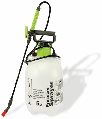 Unbekannt Kinzo Gartenspritze Drucksprüher 5L - Gartenspritze mit flexiblem Schlauch - inkl. Tragegurt - Hochdrucksprüher - Besprüht Blumen und Pflanzen - Polypropylen - Weiß Grün