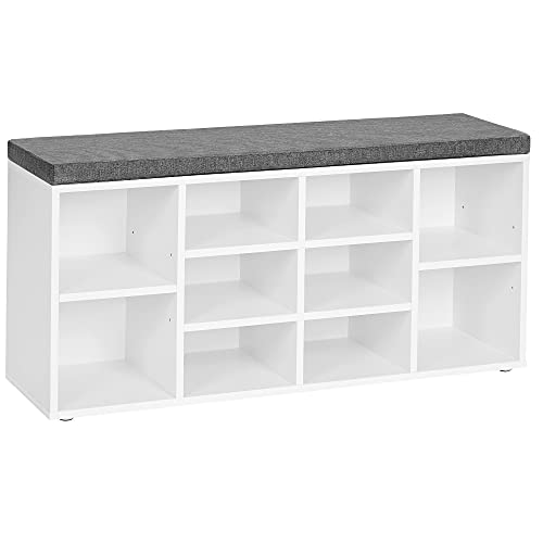 VASAGLE Schuhbank Schuhaufbewahrung Sitzbank 10 Fächer Polsterung den Eingangsbereich Flur Schlafzimmer 30x 104x 48 cm weiß grau LHS10WT