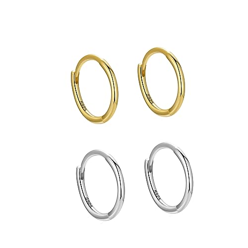 Hmzidz 2 Paare Kleine 925 Sterling Silber Creolen Ohrringe Damen Set Silber Gold Kreolen MÃ¤dchen DÃ¼nne Hypoallergen Creolen Herren Nasenring Piercing Klappcreolen Silber 925 Mini Hoops Ohrringe