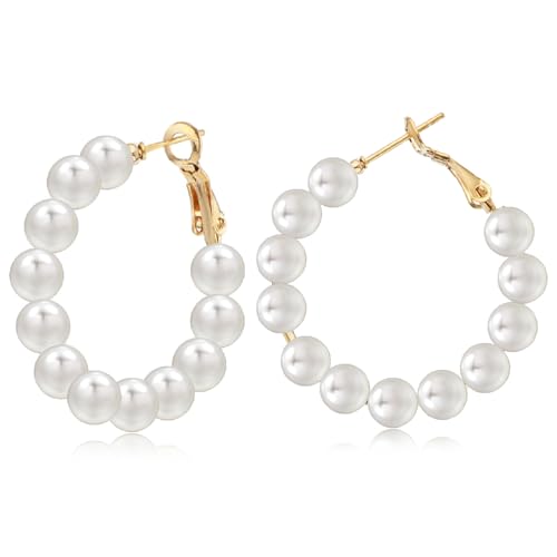 Perlen Creolen für Frauen - Kleine Perlenohrringe Runde Halboffene Hypoallergene Ohrringe 3cm Weiß Perle Cluster Hoop Earrings Schmuck Geschenke für Damen Mädchen