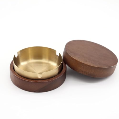 Huoflame Aschenbecher mit Deckel Edelstahl Buchenholz Geruchsdichter Aschenbecher für Zuhause Büro Balkon Windgeschützt Leicht zu Reinigen Elegantes Nordisches Design Goldfarbener Einsat