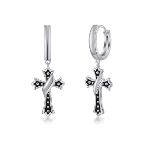 PHNIBIRD Ohrringe Kreuz Creolen Silber 925 mit Schwarz Anhänger Unisex Ohrringe Herren Damen 13mm