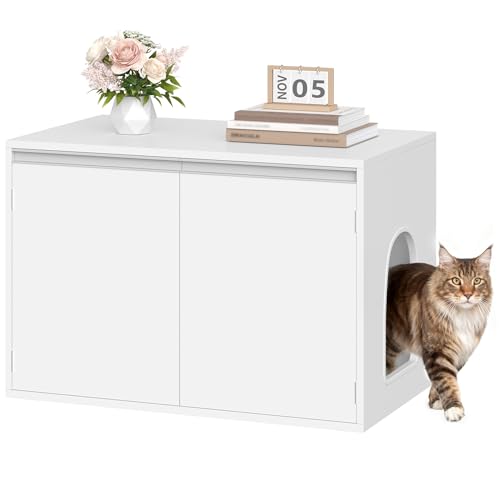 Hzuaneri Katzenklo Schrank Katzenschrank mit Abnehmbarer Trennwand 80 x 48 3 x 48 5 cm Katzenhaus Verstellbarer Einlass Links oder Rechts Seitenwand Rutschfesten Ecken Weiß CB01403X