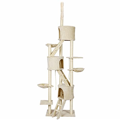 Wiltec Kratzbaum deckenhoch 233-270 cm in Beige Katzenkratzbaum mit 3 Katzenhäusern und Leitern Katzenmöbel mit Liegemulden Katzenbaum mit Sisal
