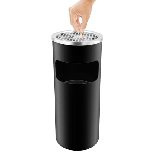 15L Mülleimer mit Aschenbecher 61X25cm 2In1 Edelstahl Standaschenbecher mit Inneneimer Standaschenbecher für Draussen Außen Schwarz