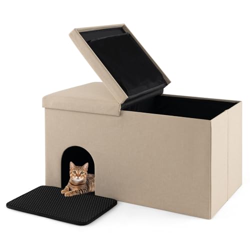 GYMAX Katzenhöhle 3 in 1 Katzenmöbel als Katzenhaus Sitzbank Katzentoilette Schuhbank mit Matte Geruchskontrollfilter Klappdeckel Trennwand Katzenklo Katzenversteck 90 x 50 x 50cm Beige
