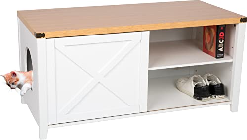 needs wants Katzenschrank groß für Katzentoilette XXL aus Holz mit Schuhschrank Sitzkommode Katzenklo-Schrank Kommode Design Katzenhaus Toilette Klo 110 x 50 x 53 cm weiß braun